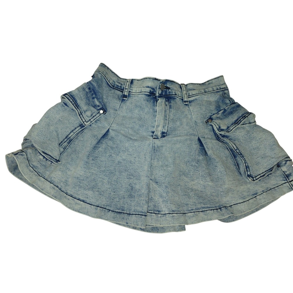 Vibrant MiU Light Wash Acid Denim High Waisted Pleated Snap Button Skirt Women L